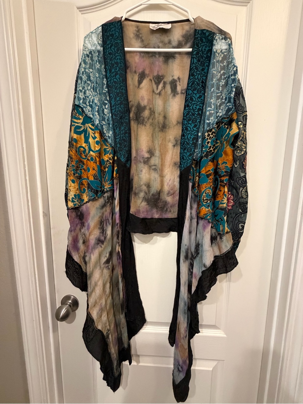 Sterling Styles Art Silk 100% Silk Patchwork Kimono Teal Gold Lace Boho Duster